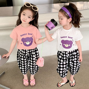 Girls' Sweet Bear Print T-Shirt and Polka Dot Pants Set - Adorable Casual Summer Outfit for Kids