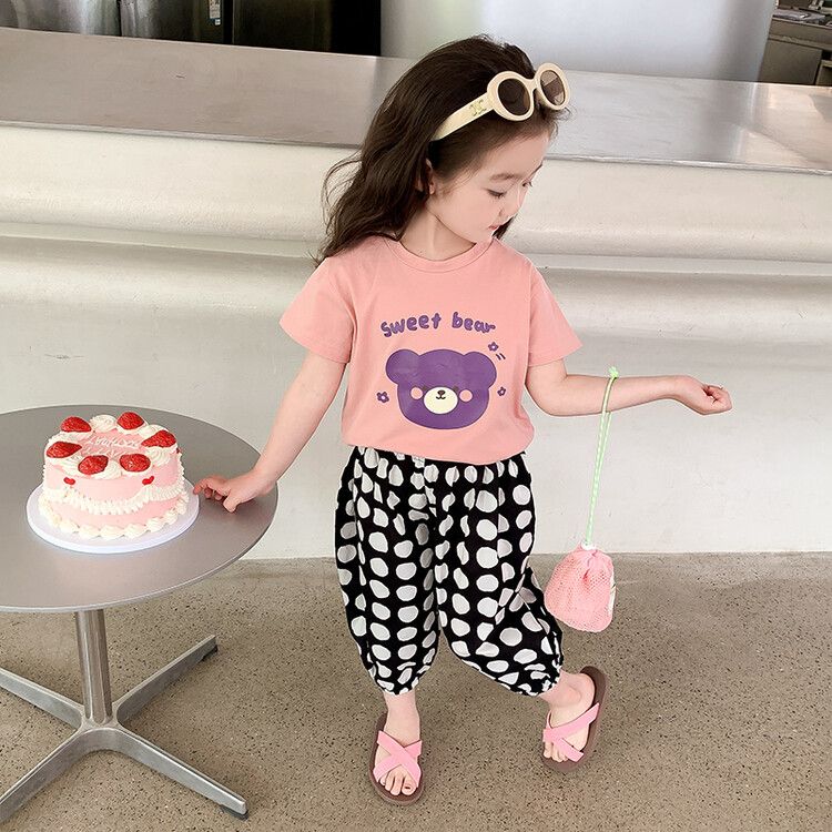 Girls' Sweet Bear Print T-Shirt and Polka Dot Pants Set - Adorable Casual Summer Outfit for Kids