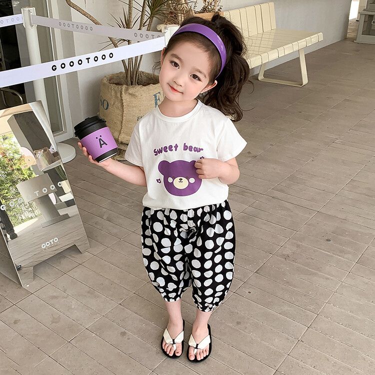 Girls' Sweet Bear Print T-Shirt and Polka Dot Pants Set - Adorable Casual Summer Outfit for Kids