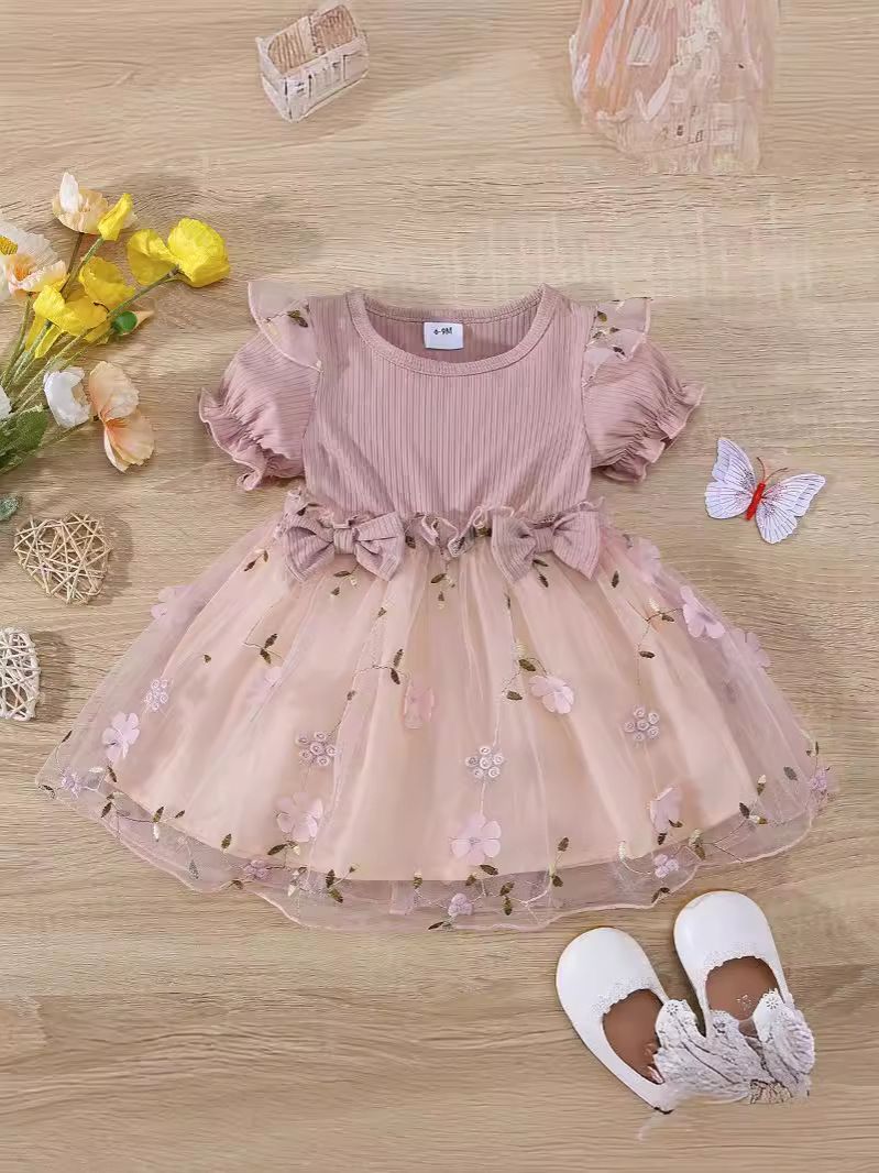 Girls' Pink Tulle Dress - Floral Embroidery Ruffled Sleeves Elegant Party Dress for Toddlers and Kids