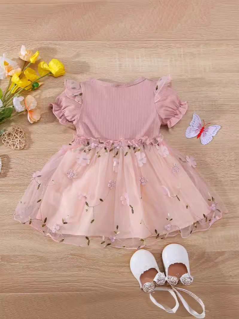 Girls' Pink Tulle Dress - Floral Embroidery Ruffled Sleeves Elegant Party Dress for Toddlers and Kids