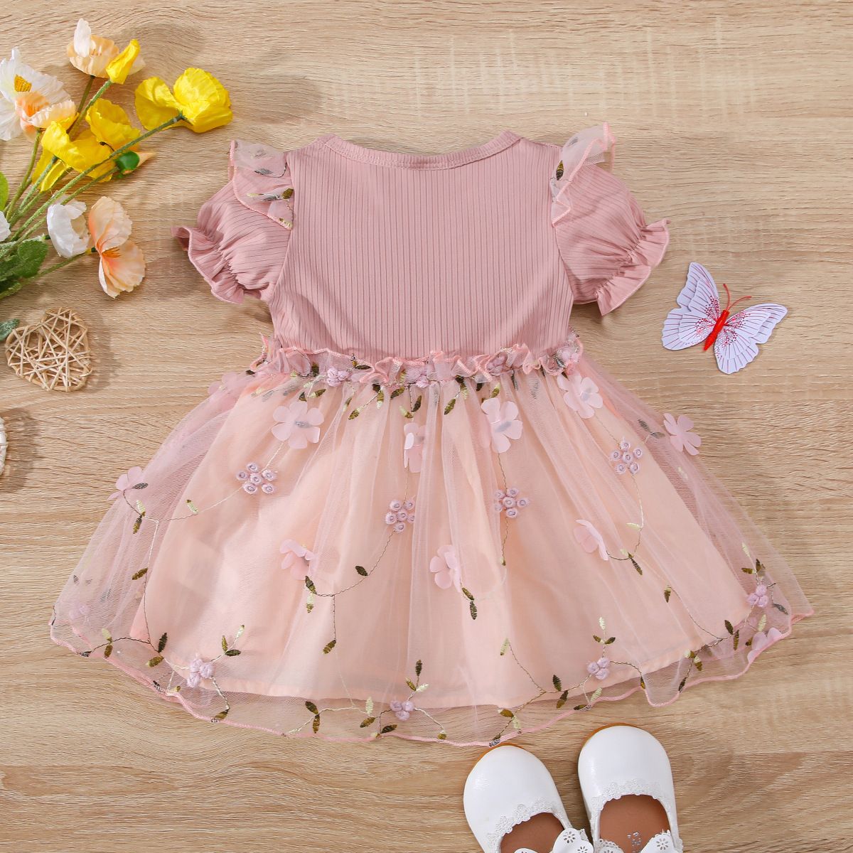 Girls' Pink Tulle Dress - Floral Embroidery Ruffled Sleeves Elegant Party Dress for Toddlers and Kids