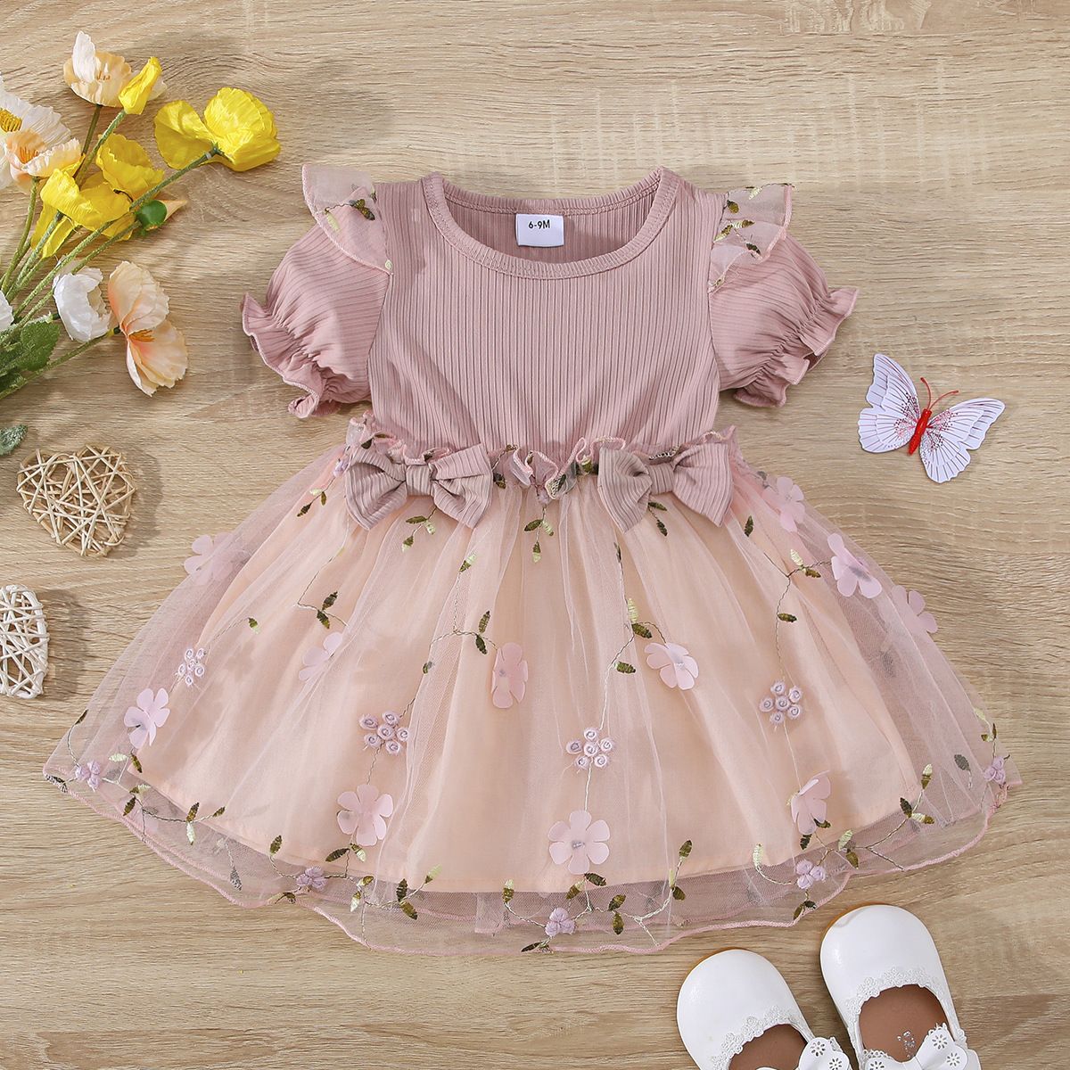 Girls' Pink Tulle Dress - Floral Embroidery Ruffled Sleeves Elegant Party Dress for Toddlers and Kids