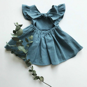 Girls' Linen Ruffle Sleeve Dress - Cool Bowknot, Cute Children's Dress, Available in Multiple Colors