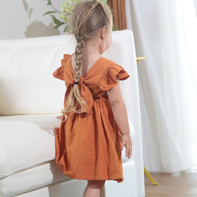 Girls' Linen Ruffle Sleeve Dress - Cool Bowknot, Cute Children's Dress, Available in Multiple Colors