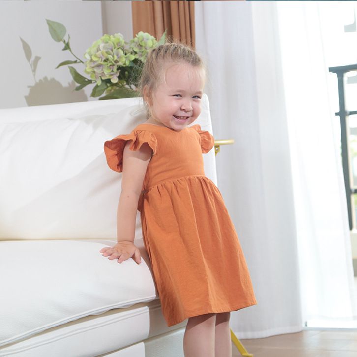 Girls' Linen Ruffle Sleeve Dress - Cool Bowknot, Cute Children's Dress, Available in Multiple Colors