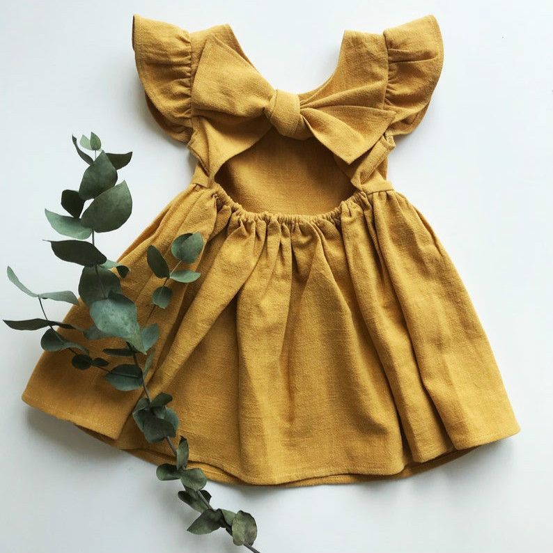 Girls' Linen Ruffle Sleeve Dress - Cool Bowknot, Cute Children's Dress, Available in Multiple Colors