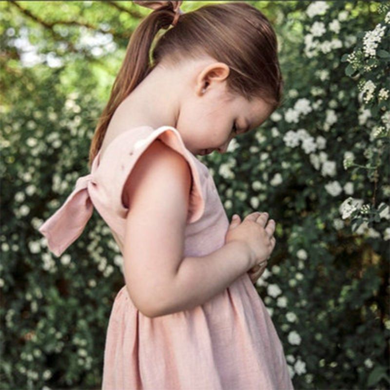 Girls' Linen Ruffle Sleeve Dress - Cool Bowknot, Cute Children's Dress, Available in Multiple Colors