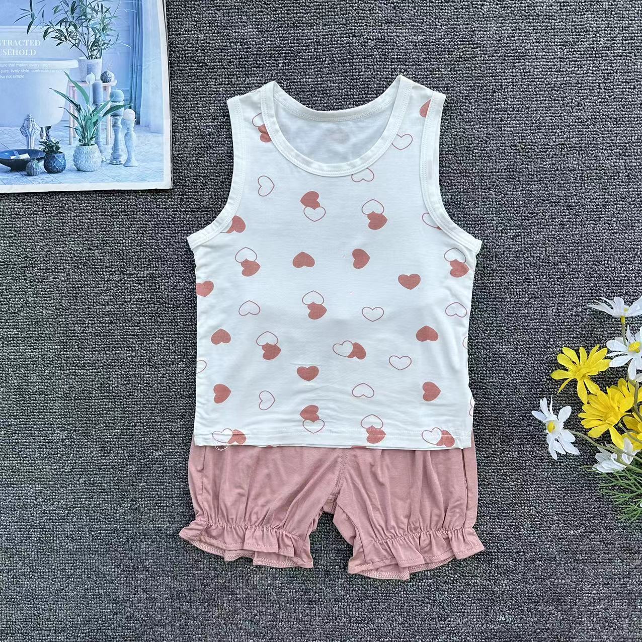 Wholesale of children's summer children's vest set, baby pure cotton sleeveless cartoon two-piece set