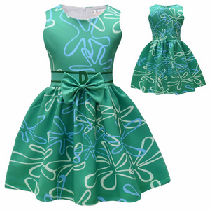 Girls' Green Sleeveless Dress - Abstract Pattern with Bowknot, Elegant Party and Casual Wear