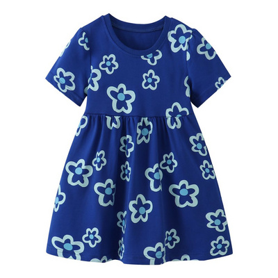 Kids Girl's Blue Floral Print Short-Sleeve Dress Summer Casual Dress for Toddlers and Little Girls