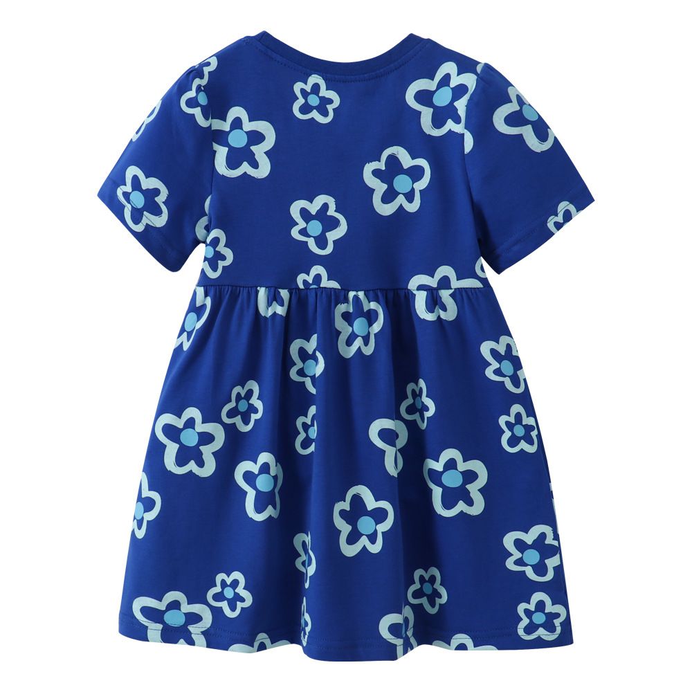 Kids Girl's Blue Floral Print Short-Sleeve Dress Summer Casual Dress for Toddlers and Little Girls