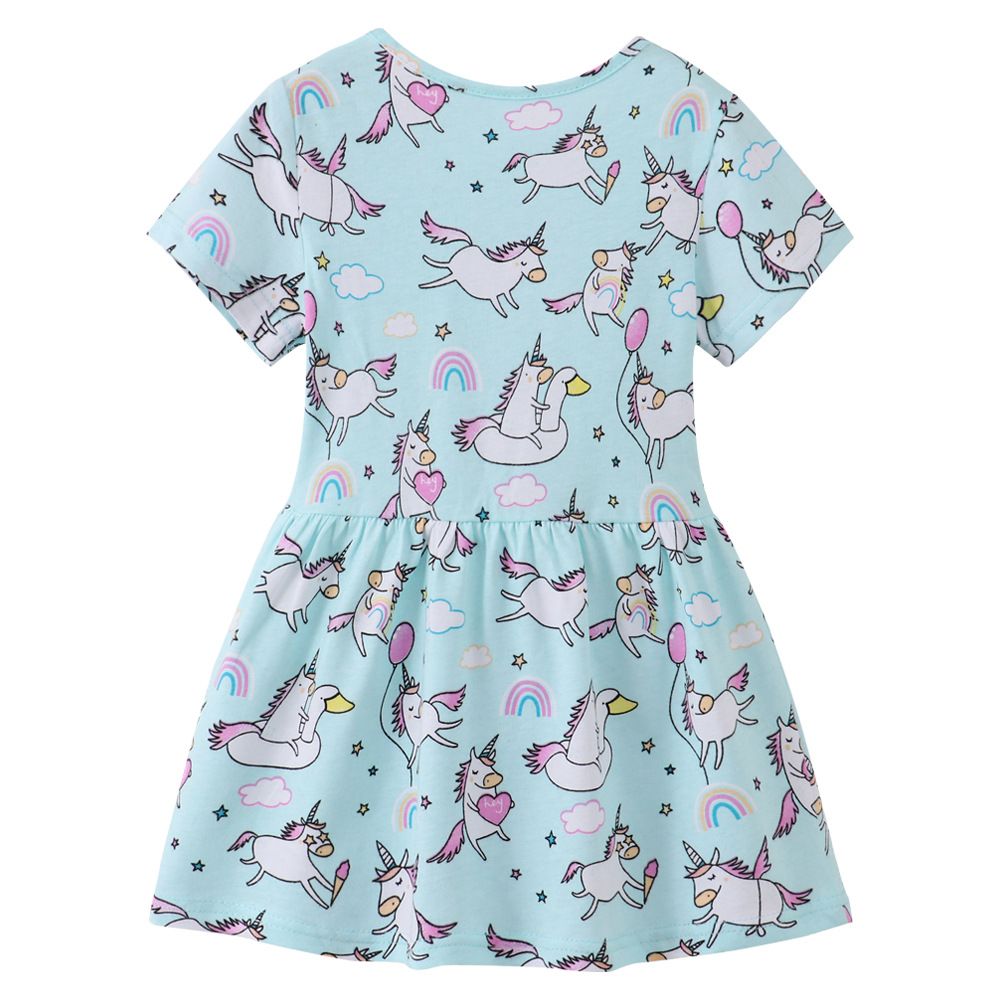 Kids Girl's Blue Unicorn Print Short-Sleeve Dress Adorable Summer Dress for Toddlers and Little Girls