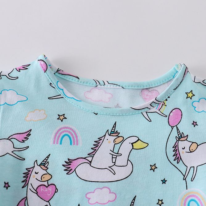 Kids Girl's Blue Unicorn Print Short-Sleeve Dress Adorable Summer Dress for Toddlers and Little Girls