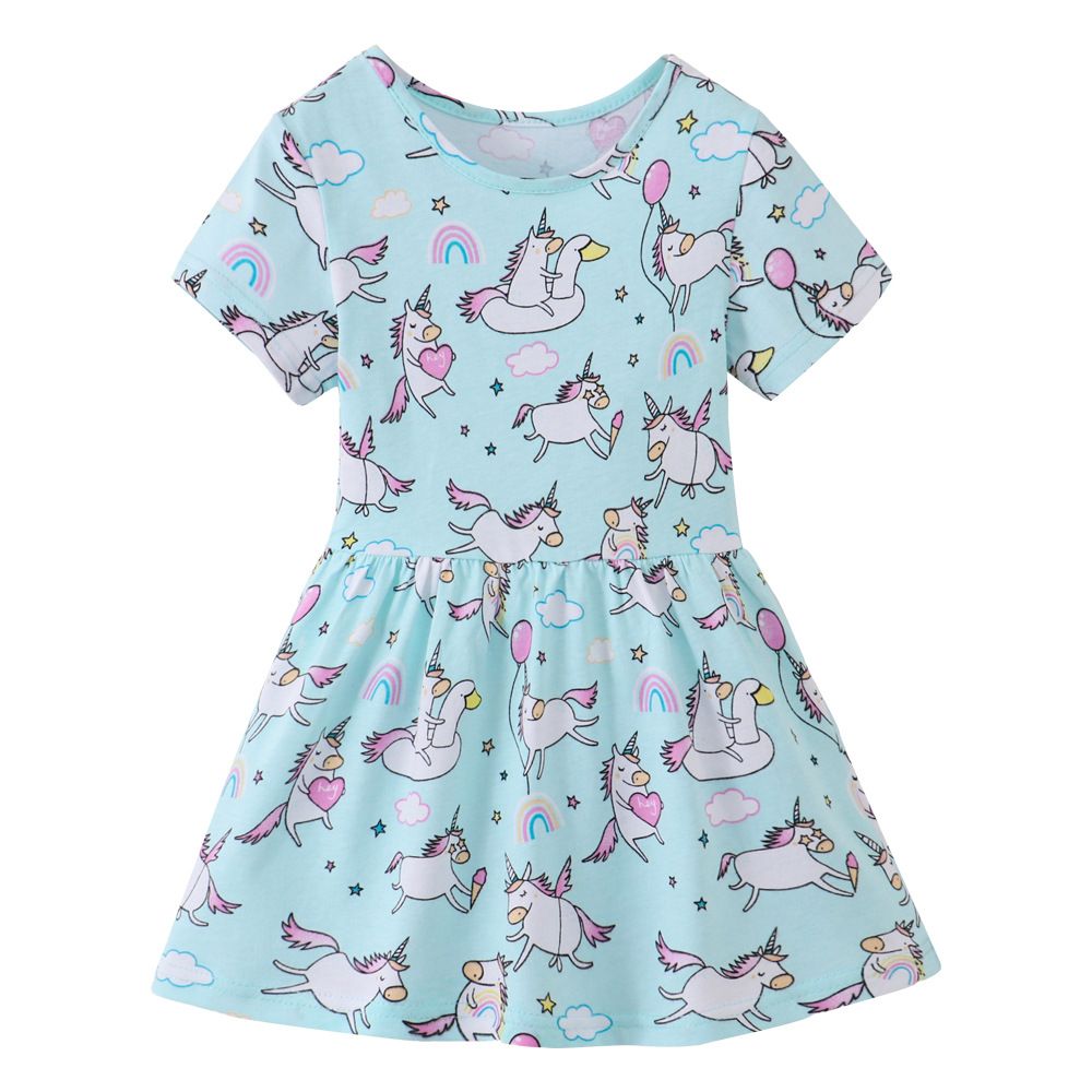 Kids Girl's Blue Unicorn Print Short-Sleeve Dress Adorable Summer Dress for Toddlers and Little Girls