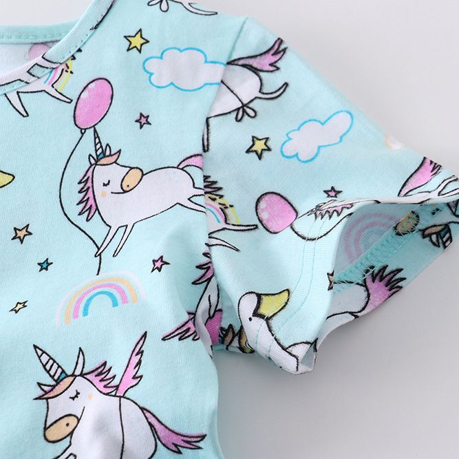 Kids Girl's Blue Unicorn Print Short-Sleeve Dress Adorable Summer Dress for Toddlers and Little Girls