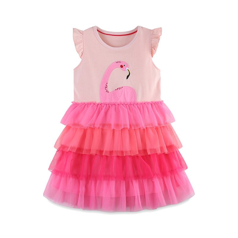 Kids Girl's Pink Flamingo Tiered Tutu Dress Adorable Sleeveless Dress for Toddlers and Little Girls