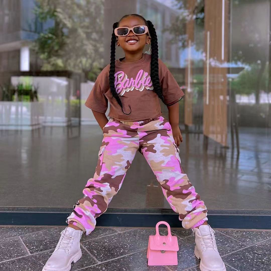 Kids Girl's Pink Camo Pants with Barbie Crop Top Stylish Casual Outfit for Toddlers and Little Girls