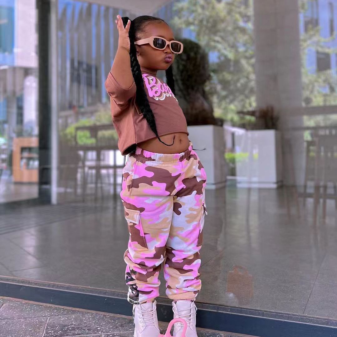 Kids Girl's Pink Camo Pants with Barbie Crop Top Stylish Casual Outfit for Toddlers and Little Girls