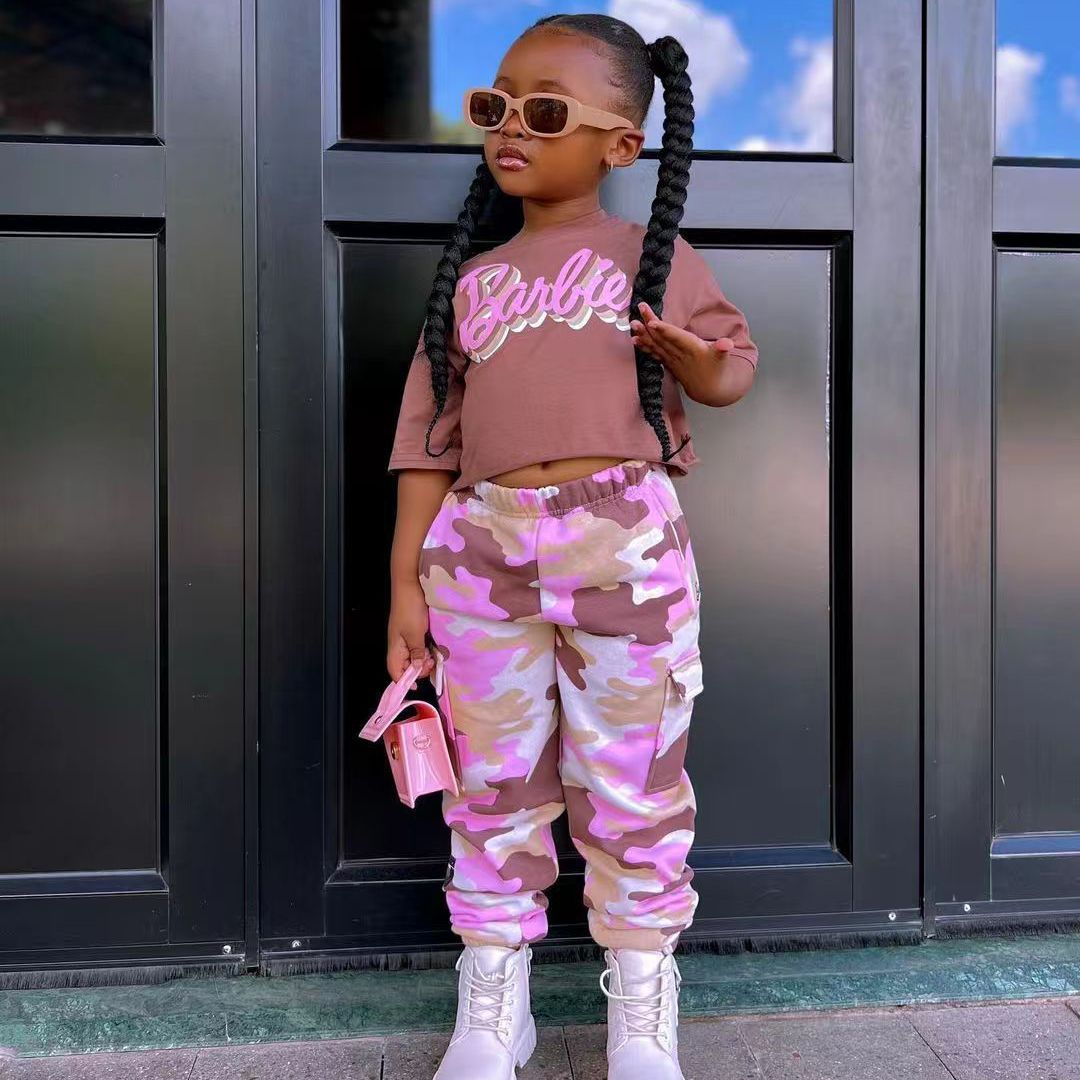 Kids Girl's Pink Camo Pants with Barbie Crop Top Stylish Casual Outfit for Toddlers and Little Girls