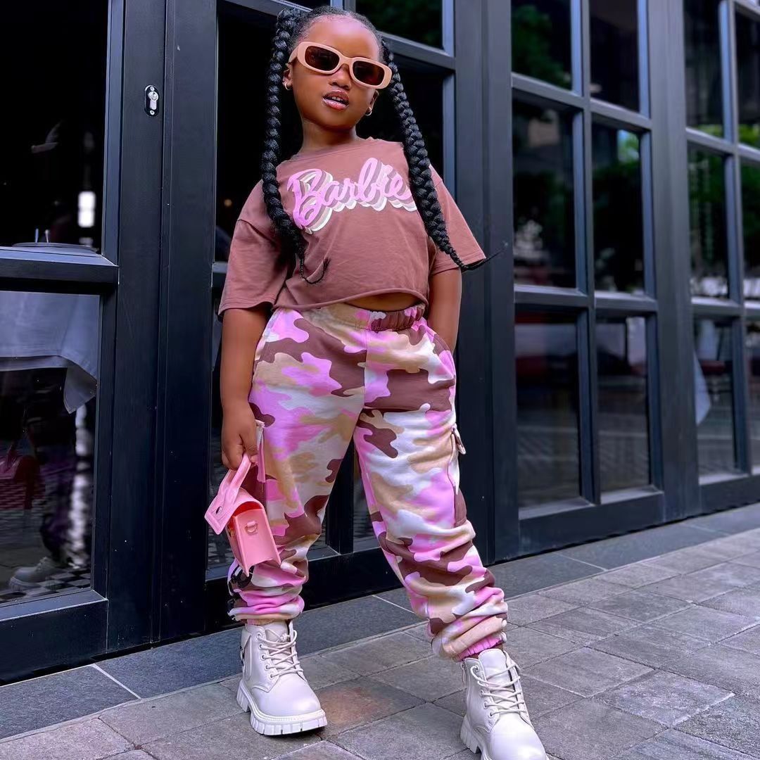 Kids Girl's Pink Camo Pants with Barbie Crop Top Stylish Casual Outfit for Toddlers and Little Girls