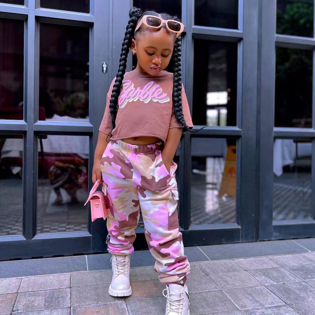 Kids Girl's Pink Camo Pants with Barbie Crop Top Stylish Casual Outfit for Toddlers and Little Girls