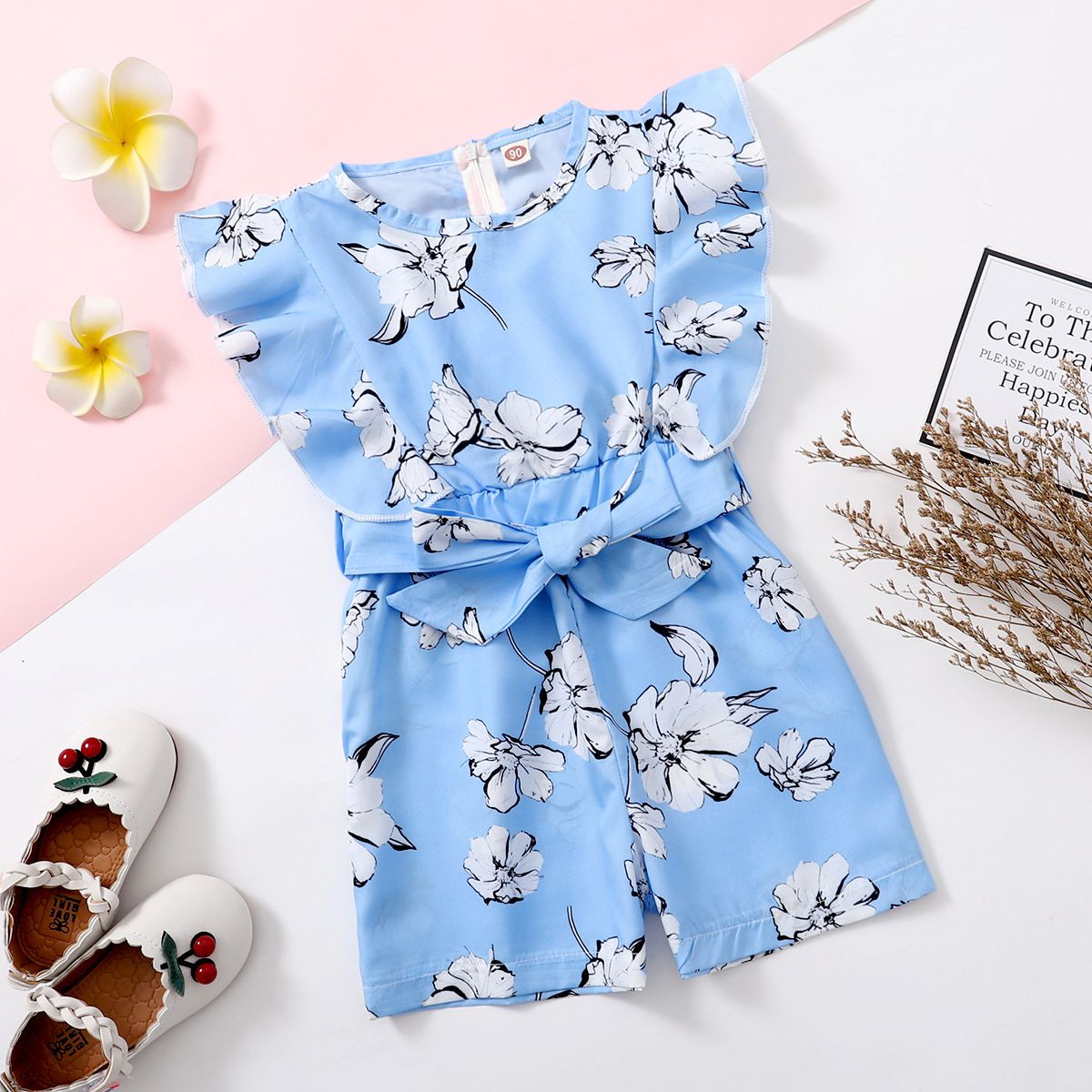 Kids Girl's Floral Print Romper Stylish Summer Sleeveless Jumpsuit with Bow Belt for Toddlers and Little Girls