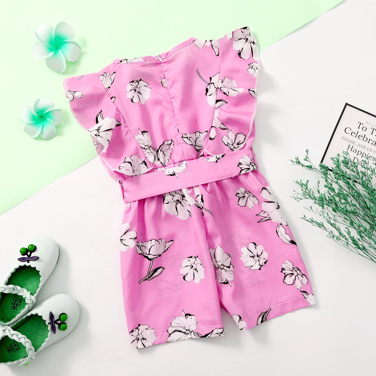 Kids Girl's Floral Print Romper Stylish Summer Sleeveless Jumpsuit with Bow Belt for Toddlers and Little Girls