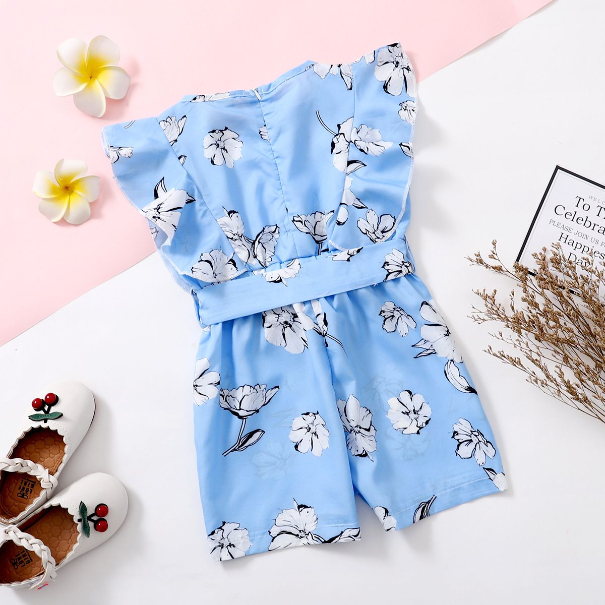 Kids Girl's Floral Print Romper Stylish Summer Sleeveless Jumpsuit with Bow Belt for Toddlers and Little Girls