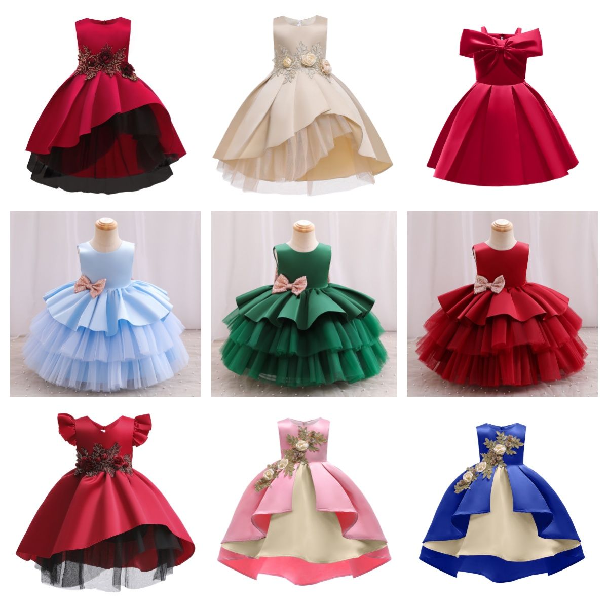 Kids Dresses for Girls Satin Birthday Party Tulle Pageant Dress Elegant Princess Casual Formal Children Clothing Wholesale