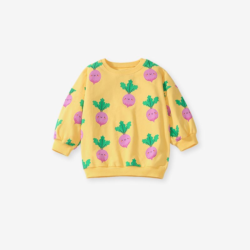 Girls' Cute Radish Print Sweatshirt with Purple Leggings Set Adorable and Cozy Fall Outfit for Kids