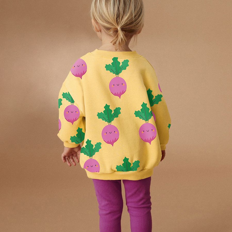 Girls' Cute Radish Print Sweatshirt with Purple Leggings Set Adorable and Cozy Fall Outfit for Kids