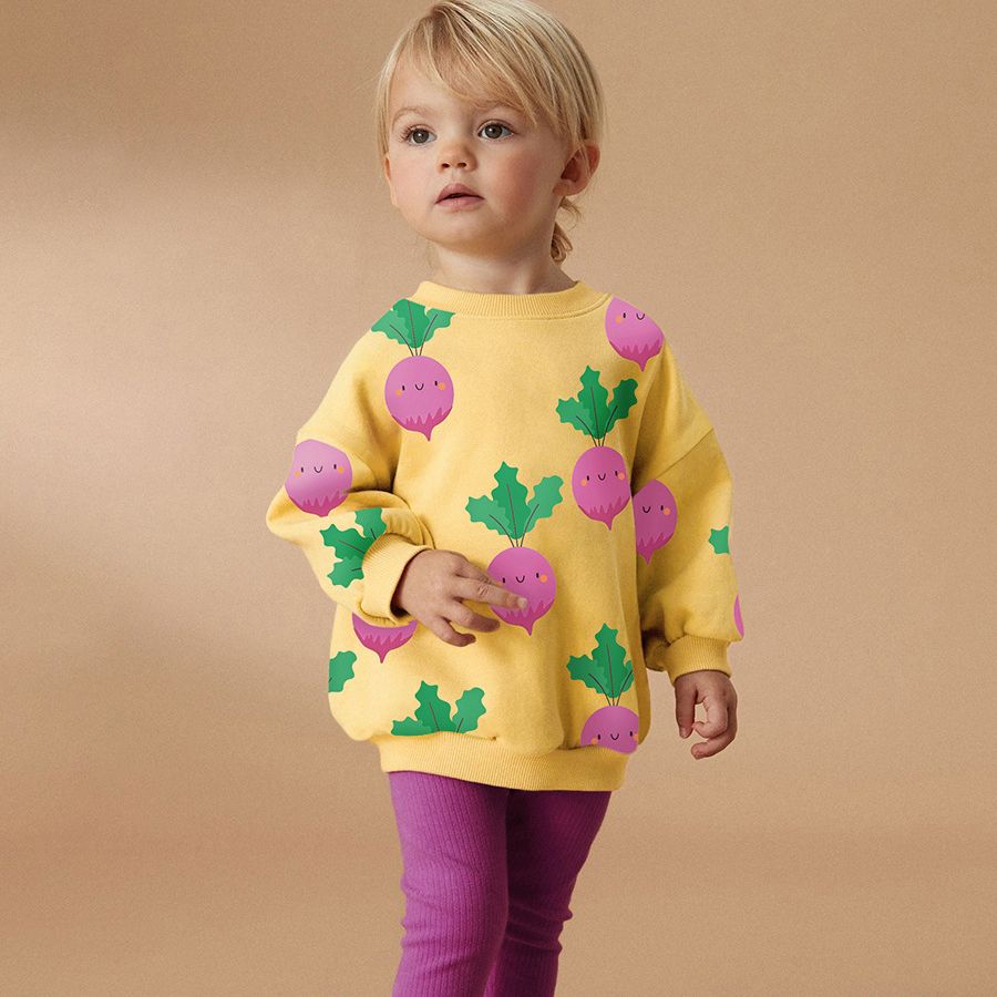 Girls' Cute Radish Print Sweatshirt with Purple Leggings Set Adorable and Cozy Fall Outfit for Kids