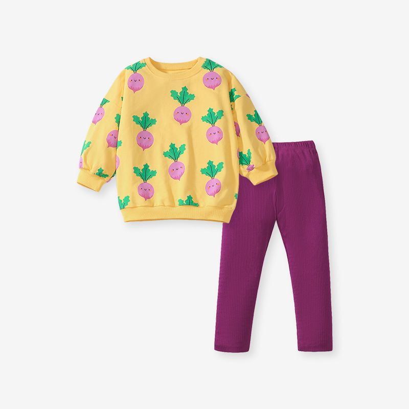 Girls' Cute Radish Print Sweatshirt with Purple Leggings Set Adorable and Cozy Fall Outfit for Kids