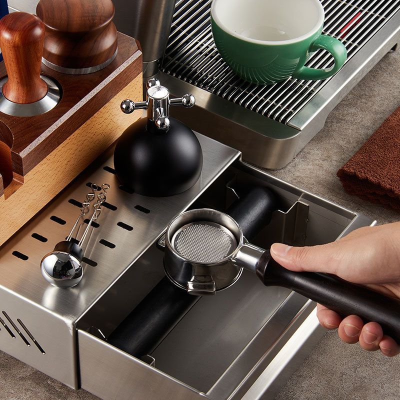 Stainless Steel Coffee Drawer Black Knock Box Drawer Coffee Accessories with Wooden Handle