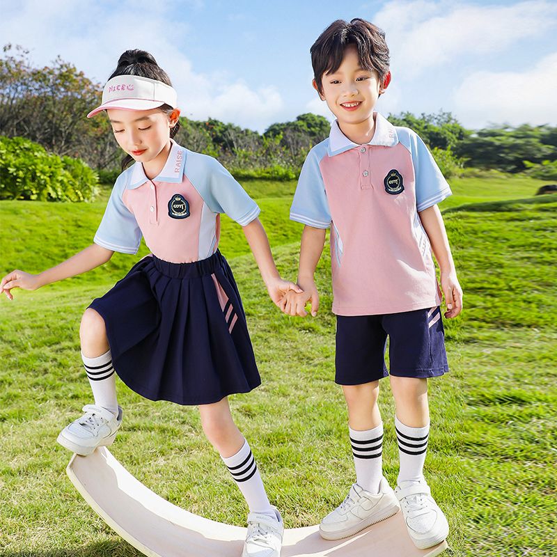 Summer pure cotton strip matching badge school uniform short -sleeved children