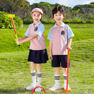 Summer pure cotton strip matching badge school uniform short -sleeved children