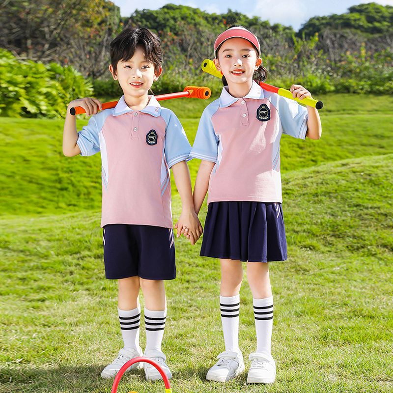 Summer pure cotton strip matching badge school uniform short -sleeved children