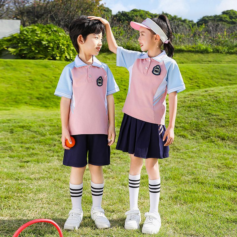 Summer pure cotton strip matching badge school uniform short -sleeved children