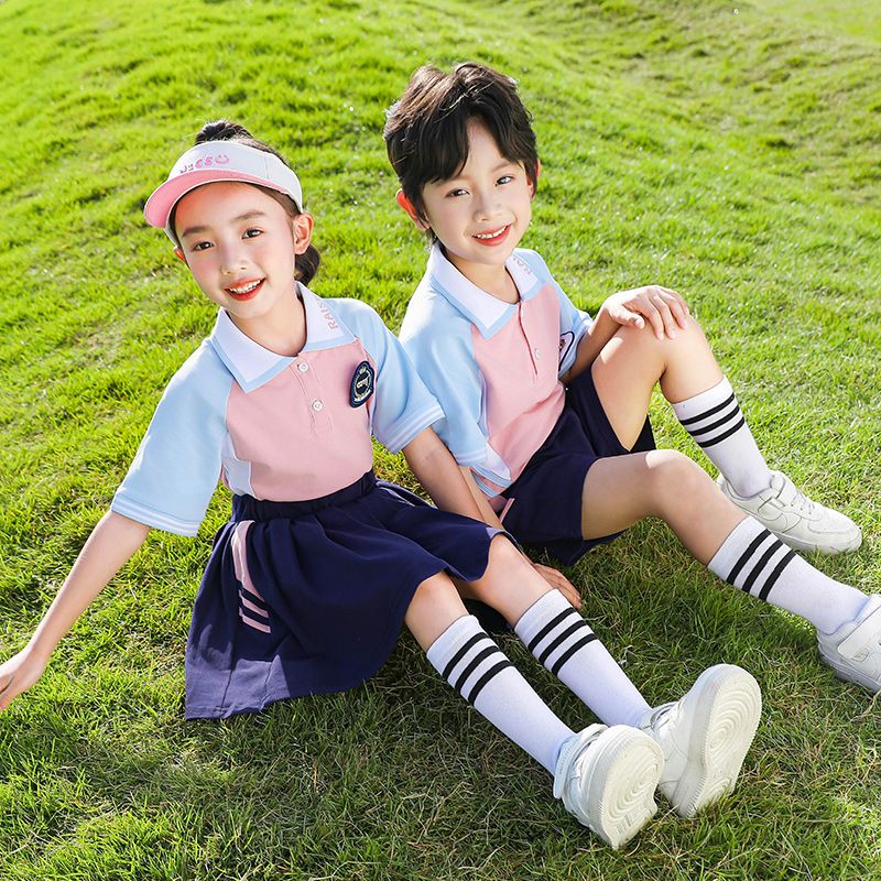 Summer pure cotton strip matching badge school uniform short -sleeved children