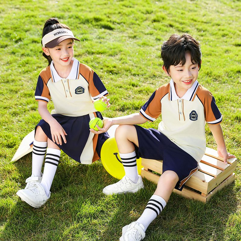 Summer pure cotton strip matching badge school uniform short -sleeved children first grade