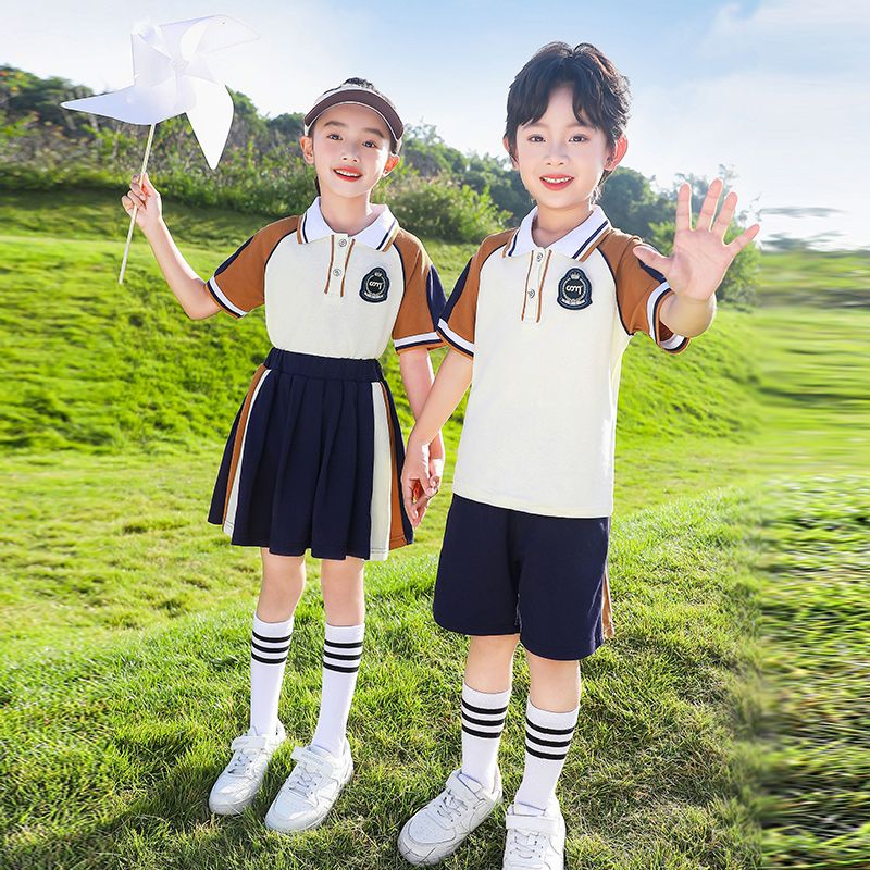 Summer pure cotton strip matching badge school uniform short -sleeved children first grade