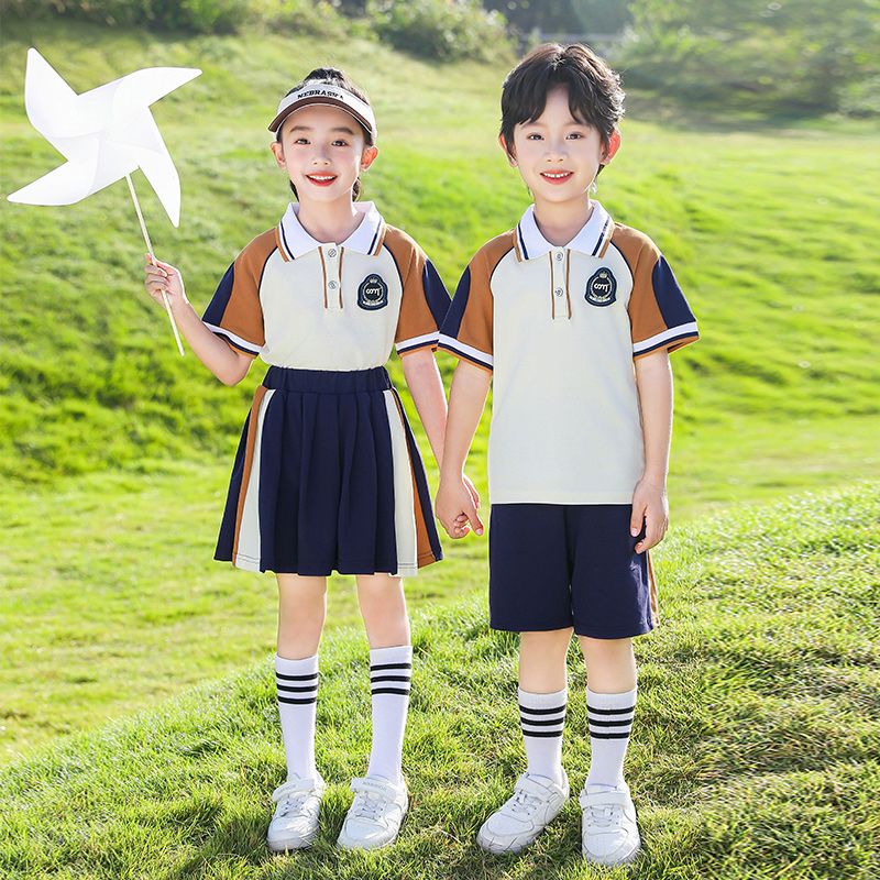 Summer pure cotton strip matching badge school uniform short -sleeved children first grade