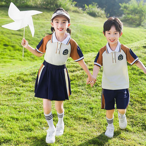 Summer pure cotton strip matching badge school uniform short -sleeved children first grade