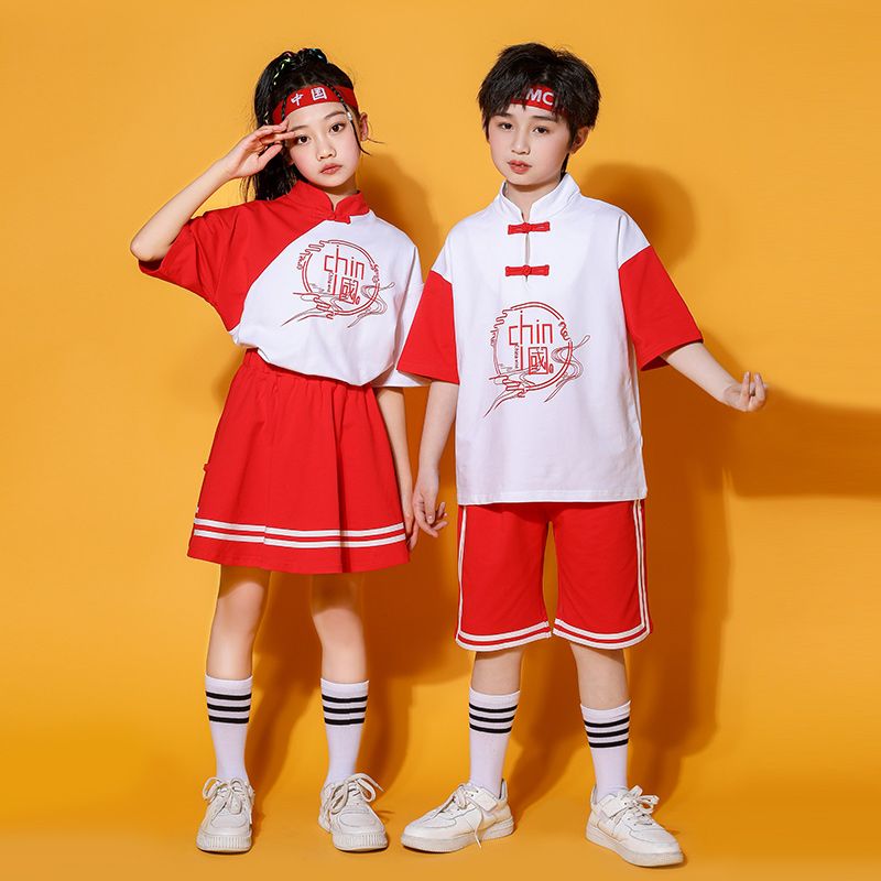 Summer pure cotton strip matching badge school uniform short -sleeved children second grade