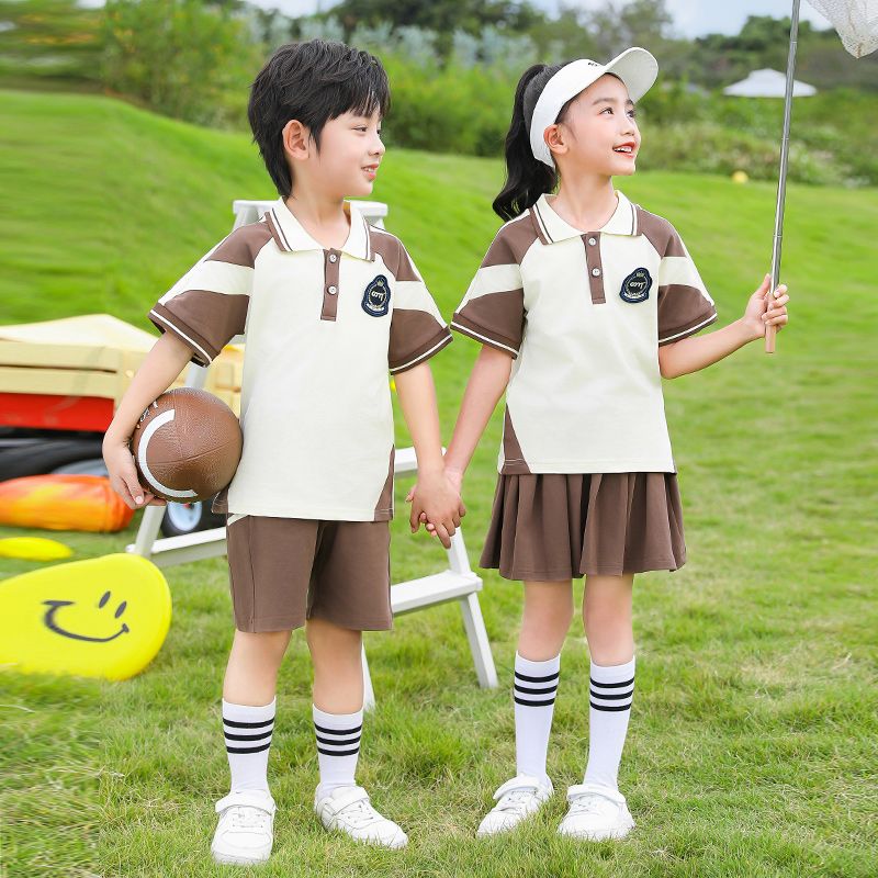 Summer cotton strip matching badge school uniform short -sleeved children sixth grade