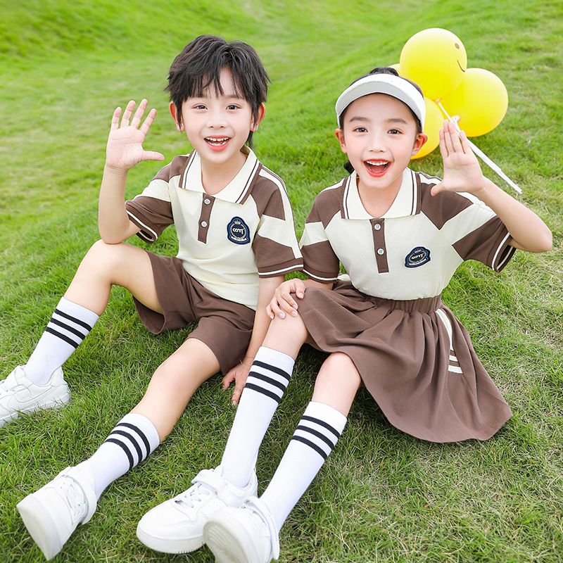 Summer cotton strip matching badge school uniform short -sleeved children sixth grade