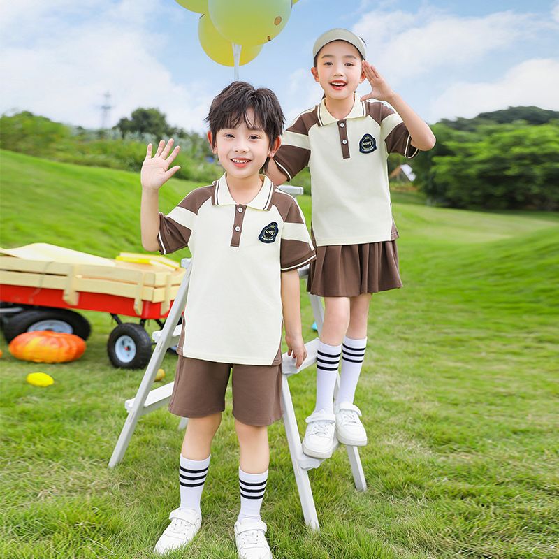 Summer cotton strip matching badge school uniform short -sleeved children sixth grade