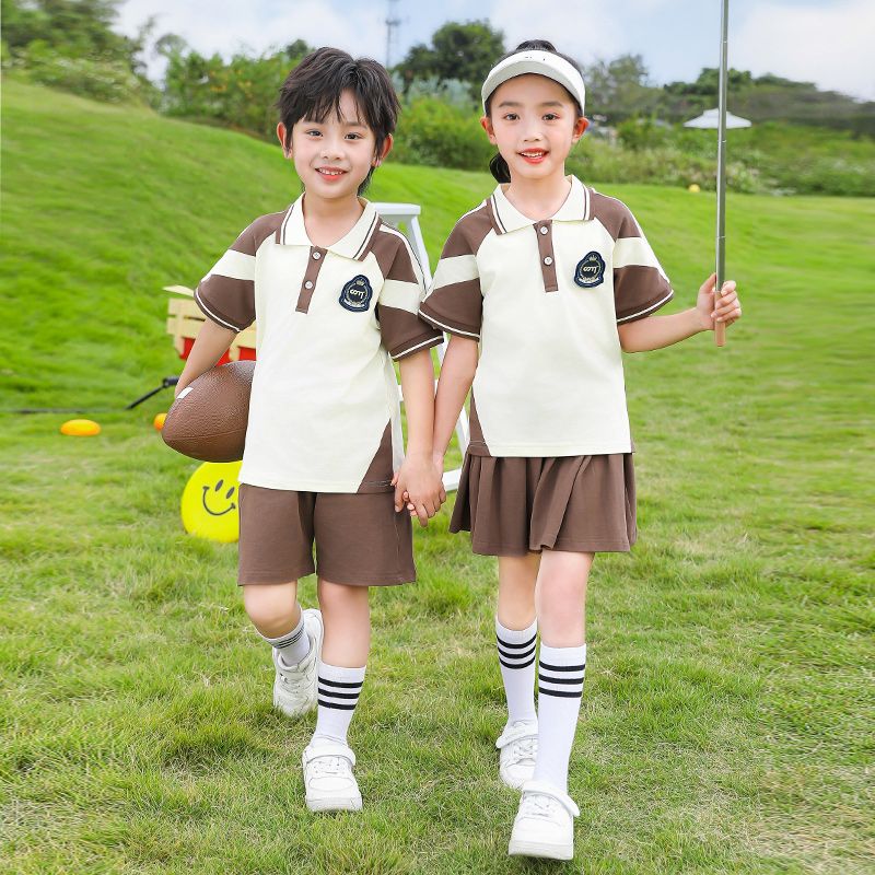 Summer cotton strip matching badge school uniform short -sleeved children sixth grade