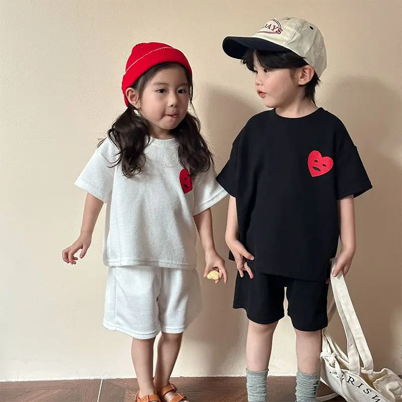 Children's Sports Set Waffle Summer Loose Boys 2024 New Girl's Casual Baby Short Sleeve Summer Dress